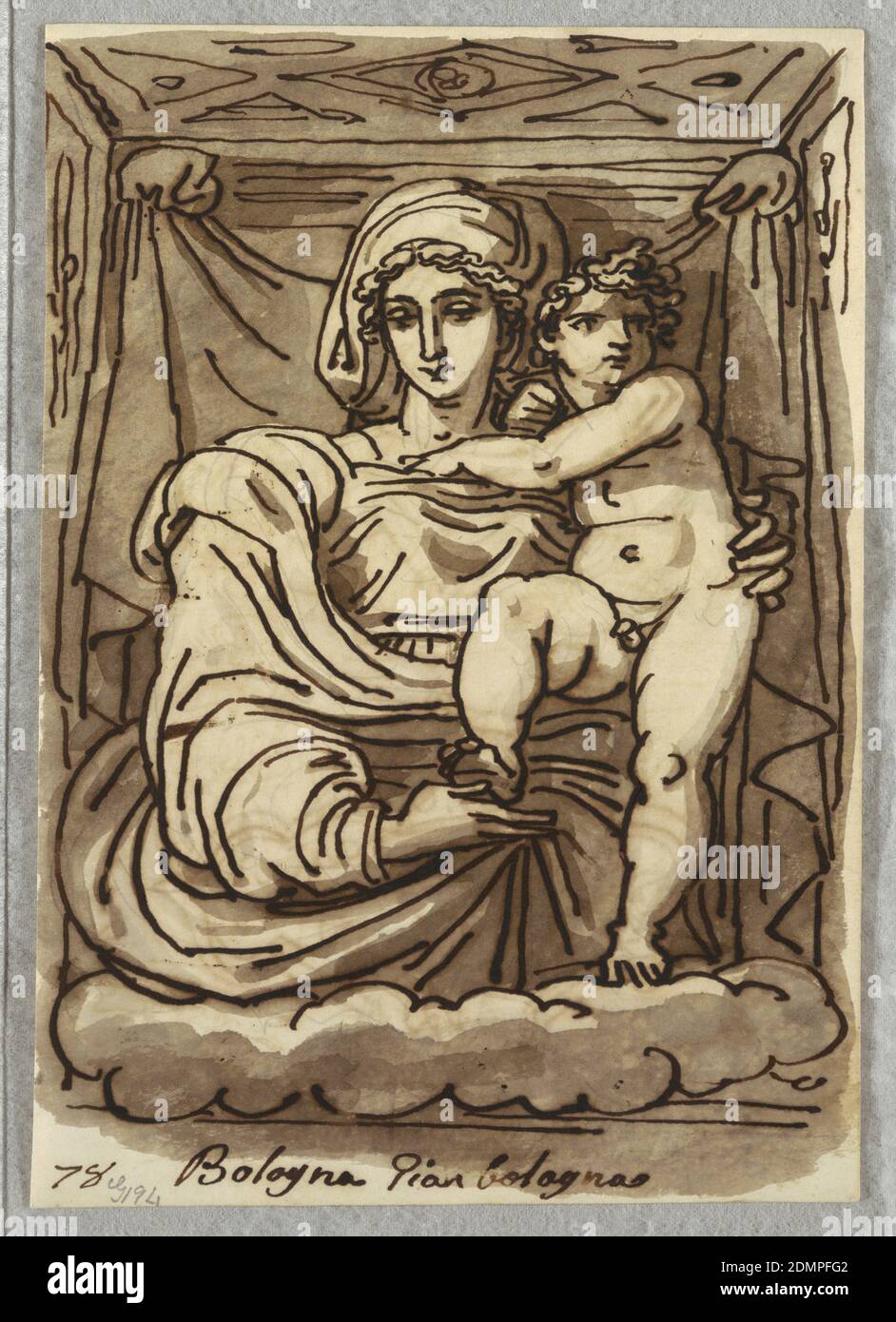 Madonna et Child, Felice Giani, Italien, 1758–1823, stylo et encre, brosse et bruns lavages sur papier, sur verso: Deux études de crêtes, Italie, 1813–18, figures, dessin Banque D'Images