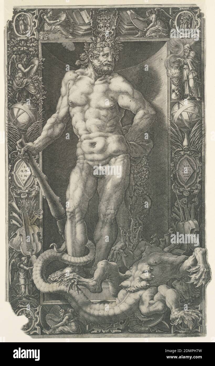 Hercules victorieux sur l'Hydra de Lerna, engravant sur papier, dans un cadre ornemental Hercules se trouve dans une niche au-dessus de l'Hydra de mort. Cadre composé d'instruments de musique et d'ornements en charpente, et porte deux plaques en forme de losange, à gauche: I / BB/ I N V; à droite: D / EOR / GIVS / GHISI / MANT / VAN / F, Mantoue, Italie, ca. 1573, figures, Imprimer Banque D'Images
