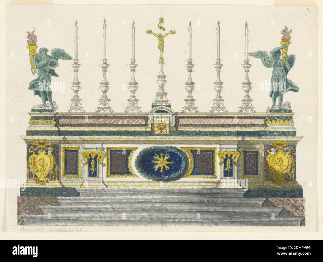 Autel de marbres de couleur, Luigi Righetti, italien, 1780 - 1819, stylo et encre grise, aquarelle, sur graphite sur papier blanc couté, composition horizontale d'un autel en marbre de couleur avec quatre étapes en dessous. La façade de la mensa est décorée au milieu d'une croix encadrée d'une guirlande ovale. Les empiècements latéraux présentent le pelage des bras d'un prélate avec un lion rampant. Le tabernacle est au centre de la banque de l'autel avec un fronton circulaire au-dessus et trois bougies allumées de chaque côté. Les bougies sont flanquées de statues d'ange vert avec des cornucopiae vert avec des flammes rouges. Banque D'Images Autel de marbres de couleur, Luigi Righetti, italien, 1780 - 1819, stylo et encre grise, aquarelle, sur graphite sur papier blanc couté, composition horizontale d'un autel en marbre de couleur avec quatre étapes en dessous. La façade de la mensa est décorée au milieu d'une croix encadrée d'une guirlande ovale. Les empiècements latéraux présentent le pelage des bras d'un prélate avec un lion rampant. Le tabernacle est au centre de la banque de l'autel avec un fronton circulaire au-dessus et trois bougies allumées de chaque côté. Les bougies sont flanquées de statues d'ange vert avec des cornucopiae vert avec des flammes rouges. Banque D'Images