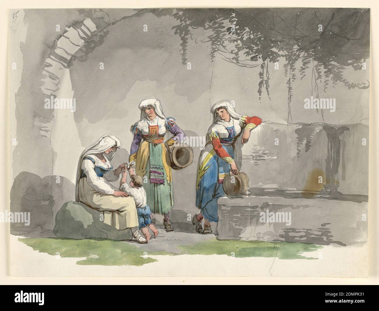 Trois femmes sud-italiennes, Bartolomeo Pinelli, Roman, 1781 - 1835, stylo et encre grise avec aquarelle et craie noire sur papier vélin blanc cassé, deux femmes sont debout, la troisième assise près d'une fontaine, dans une grotte. Un garçon donne quelque chose à la femme assise., Italie, 1807–08, dessin Banque D'Images