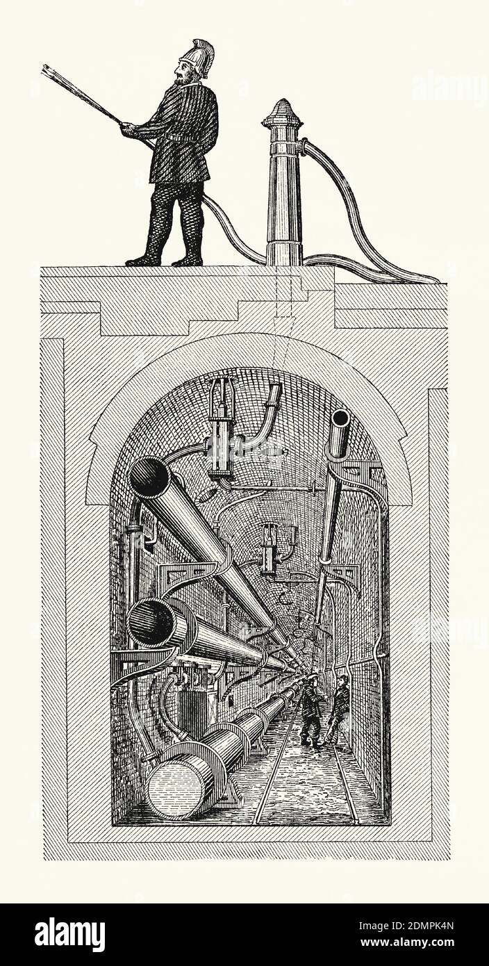 Une ancienne gravure d'un pompier utilisant un tuyau d'une borne d'eau fournie par des tunnels souterrains ou des métros sur Holborn Viaduct, Londres, Angleterre, Royaume-Uni c. 1880. Il est d'un livre victorien de génie mécanique des années 1880. De grands tunnels comme celui-ci incluraient également des tuyaux pour le gaz et l'assainissement. Les premiers combats d'incendie ont été effectués à l'aide de seaux. Des pompes à incendie à cheval ont ensuite été utilisées – actionnées à la main ou à la vapeur. Lorsque des tuyaux en fonte ont permis un approvisionnement permanent en eau souterraine dans les villes, des points d'accès ont été inclus pour les pompiers. Certains systèmes comprenaient des poteaux incendie fixes au-dessus du sol. Banque D'Images