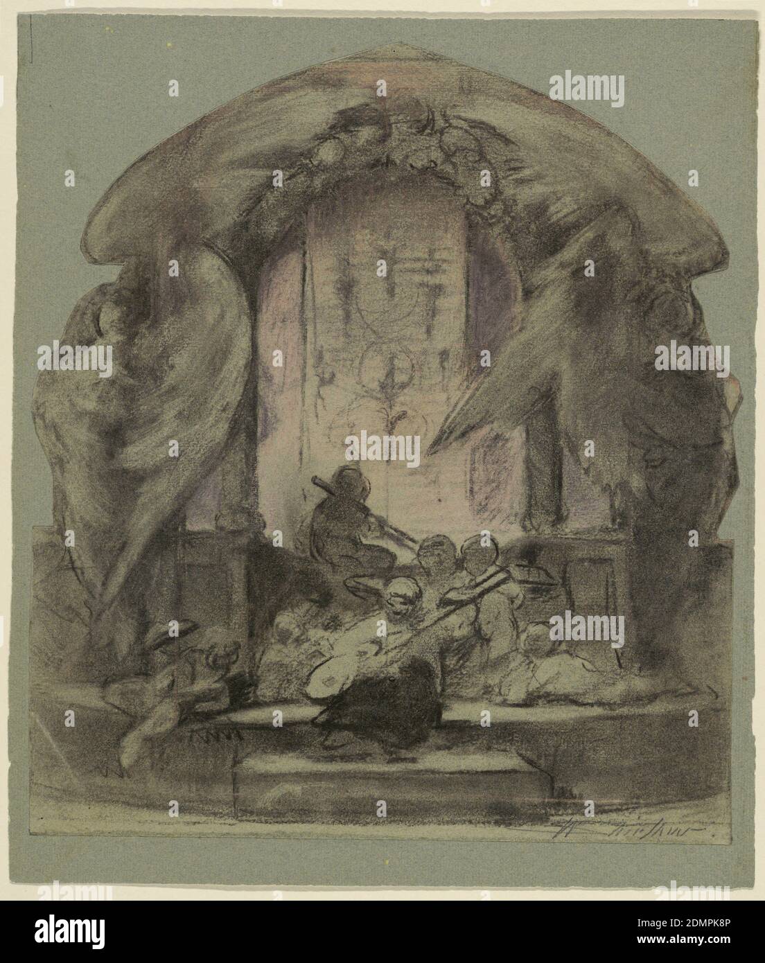 Design pour une décoration murale peinte, Walter Shirlaw, cuisine américaine, b. Scotland, 1838–1909, noir, violet, et rose crayons pastel sur papier gris, la partie supérieure de la conception découpée le long des contours, peint sur le dessus. Les enfants s'asseoir sur le sol et la balustrade d'une plate-forme et s'agenouiller sur elle jouant des instruments de musique, tandis que d'autres enfants écoutent. Les femmes ailées se tiennent latéralement, leurs ailes extérieures sont surélevées et abritent les chérubins. La plate-forme se tient, apparemment, devant une fenêtre peinte., Etats-Unis, 1875–80, peintures murales, dessin Banque D'Images