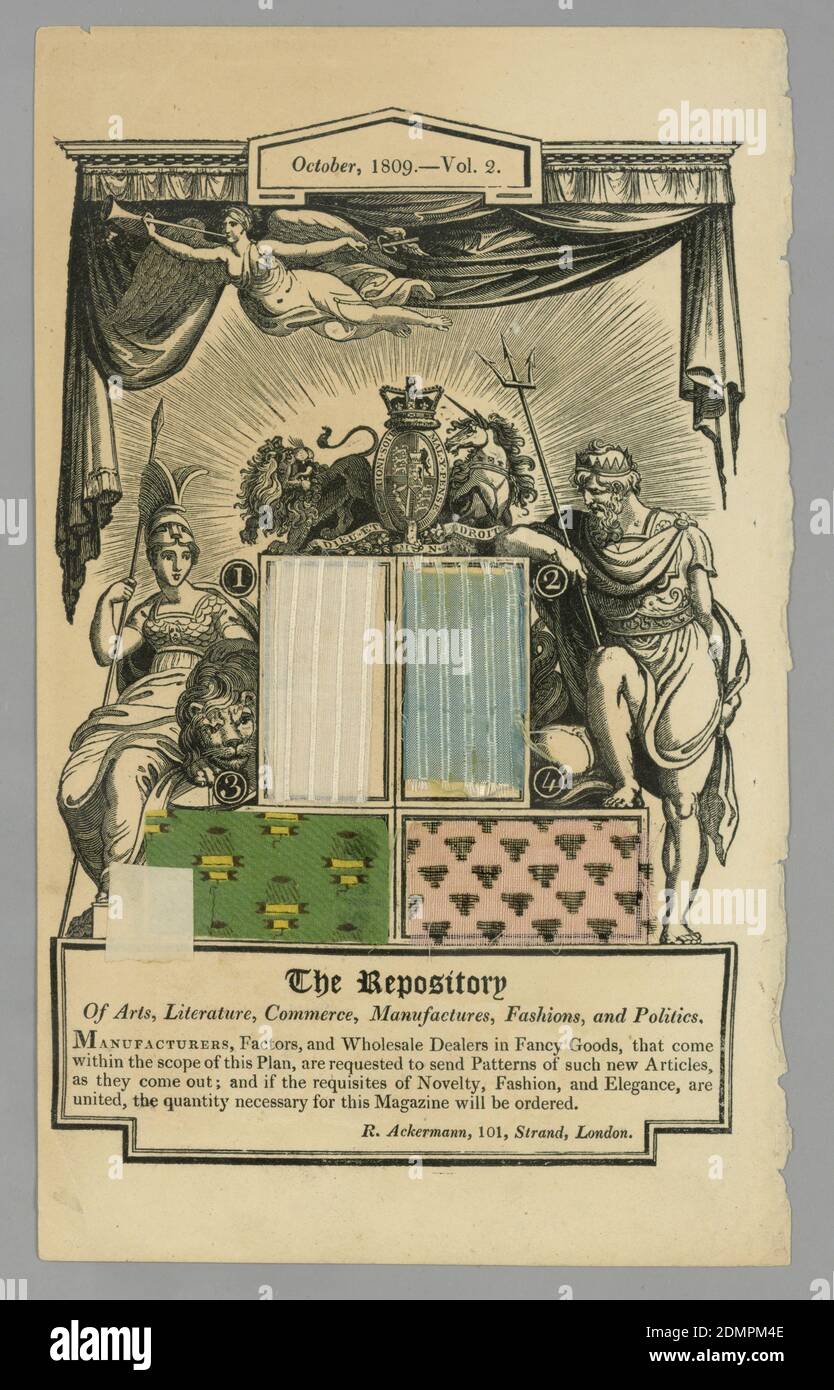 Page de la "Repository of the Arts, Science etc." d'Ackermann, Medium: d.) papier et nuances textiles (fibres non identifiées), le composant 'd' est une page de la Repository d'Ackermann, octobre 1809. La page contient des graphiques imprimés et quatre échantillons textiles: Deux imprimés, deux tissés., Angleterre, 1809, échantillons de livres, page de l'Ackermann's Repository of the Arts, Science etc Banque D'Images