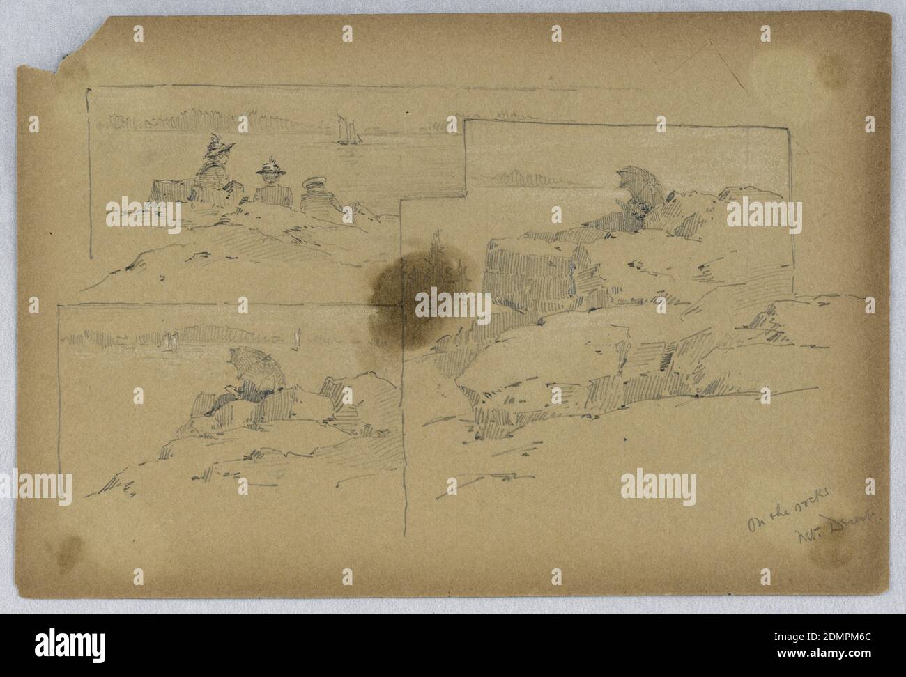 On the Rocks, Mt. Desert, Arnold William Brunner, cuisine américaine, 1857–1925, Graphite et blanc sur papier brun, trois croquis. Rochers sur la rive de la mer, avec des figures assis là; voiliers. En haut à gauche, les personnages sont assis avec des chapeaux. Figure inférieure gauche et droite sous parapluie., Etats-Unis, 1887–88, assaisonnement, dessin Banque D'Images