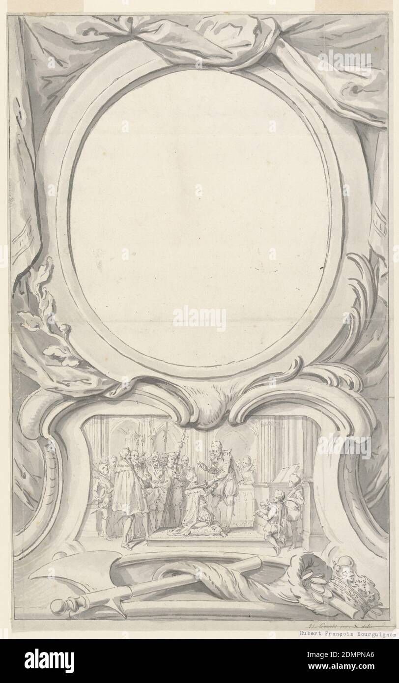 Design pour cadre entourant le portrait d'Edward Seymour, duc de Somerset, Gravelot, français, 1699 - 1773, actif en Angleterre, stylo et encre noire, brosse et lavage noir, craie rouge sur papier, conception pour cadre entourant le portrait d'Edward Seymour, duc de Somerset. Deux escutcheons; le dessus vierge et destiné au portrait. L'escutcheon inférieur contient une scène figurale représentant le doublage cérémonial d'Edward VI Lignes de cadrage et marges étroites du papier., France, 1737–38, intérieurs, dessin Banque D'Images