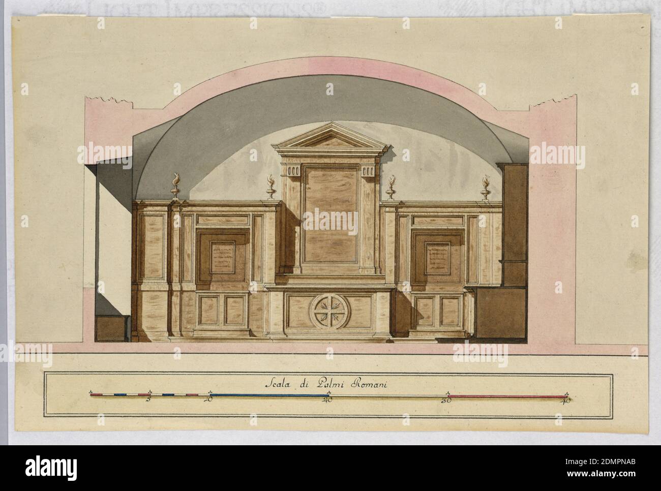 Projet pour l'intérieur de la Sacristie de Saint Giovanni de' Florentini à Rome, Giuseppe Palazzi, Italien, 1740 - 1810, stylo et encre, pinceau et aquarelle sur papier, Section. Une variation de 1901-39-1593 dans la forme plus lourde et plus austère, des couleurs plus sombres et pas d'images. L'échelle est colorée en rouge, blanc et bleu., Italie, fin du XVIIIe siècle, architecture, dessin Banque D'Images