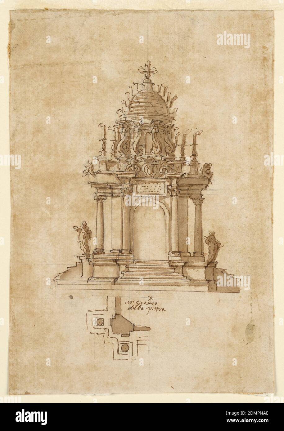 Catafalque, stylo et encre brune, lavage brun support: Papier blanc posé, Venise, Italie, ca. 1631, architecture, dessin Banque D'Images