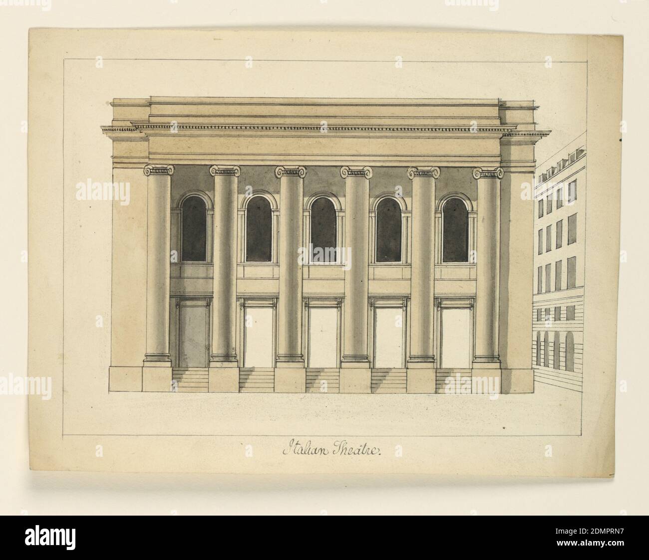 Élévation du Théatre Royal des Italiens, Paris, Cesare Recanatini, Italien, 1823–1893, stylo et encre gris et sépia lavages sur papier couleur crème, rectangle horizontal. Bâtiment à deux étages avec un portique Ionic à six colonnes de double ordre sur toute la longueur de la façade., Italie, ca. 1850, architecture, dessin Banque D'Images