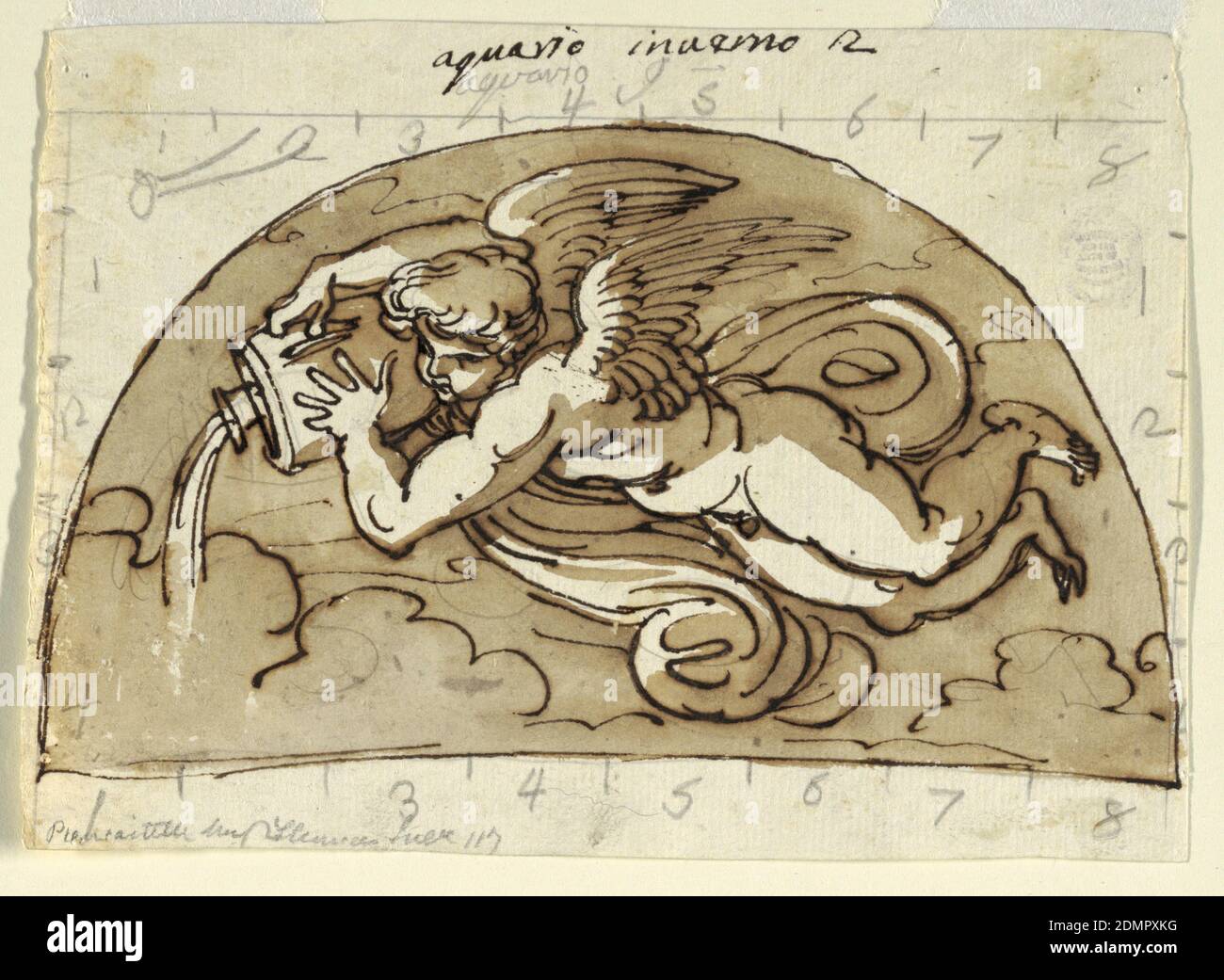 Aquarius, Lunette pour plafond, Sala Ottagonale, Palazzo Milzetti, Faenza, Felice Giani, Italien, 1758–1823, encre stylo et marron, pinceau et brun clair laver sur graphite sur papier blanc, putto ailé verser l'eau de la carafe dans une demi-lune., Faenza, Italie, 1804–05, intérieurs, dessin Banque D'Images