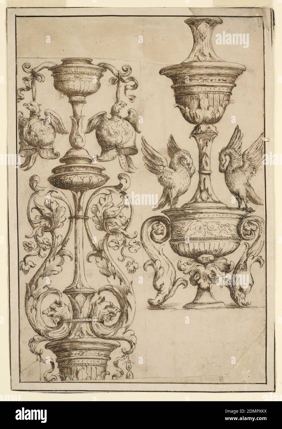 Deux chandeliers, stylo et encre brune, lavage brun, craie noire support : papier brun clair, Italie, 1625–50, travail des métaux, dessin Banque D'Images