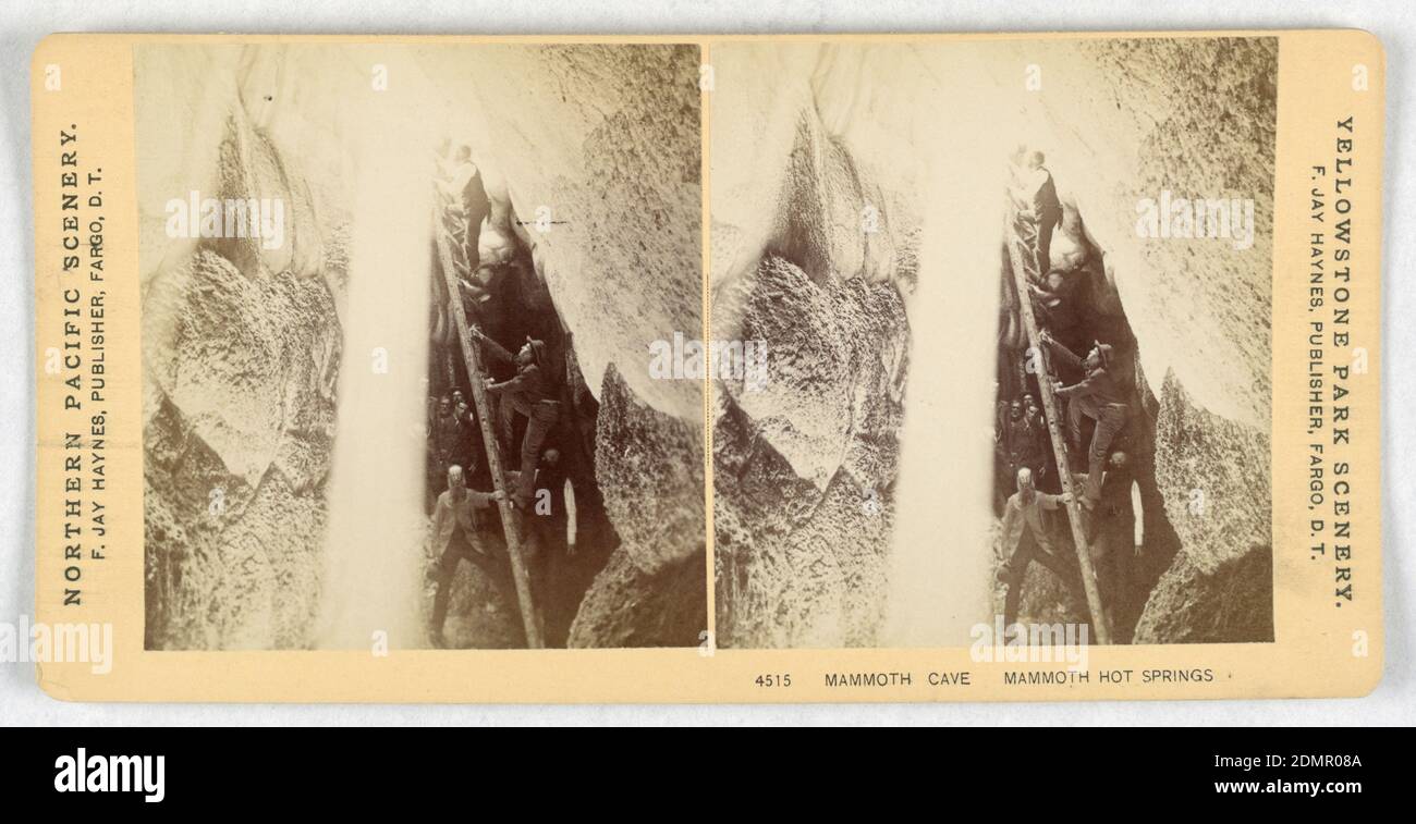 Trente-six vues stéréoscopiques sélectionnées de Haynes sur le parc national de Yellowstone, carton crème, boîte en papier rouge laminé (carton) avec dessus amovible, avec texte noir imprimé sur le recto, le dos et le haut en papier marron. Contient 36 vues stéréoscopiques (gravures argentées) des principales vues panoramiques du parc de Yellowstone, montées sur carton crème., 1881–88, éphémère, boîte de vues stéréoscopiques, boîte de vues stéréoscopiques Banque D'Images