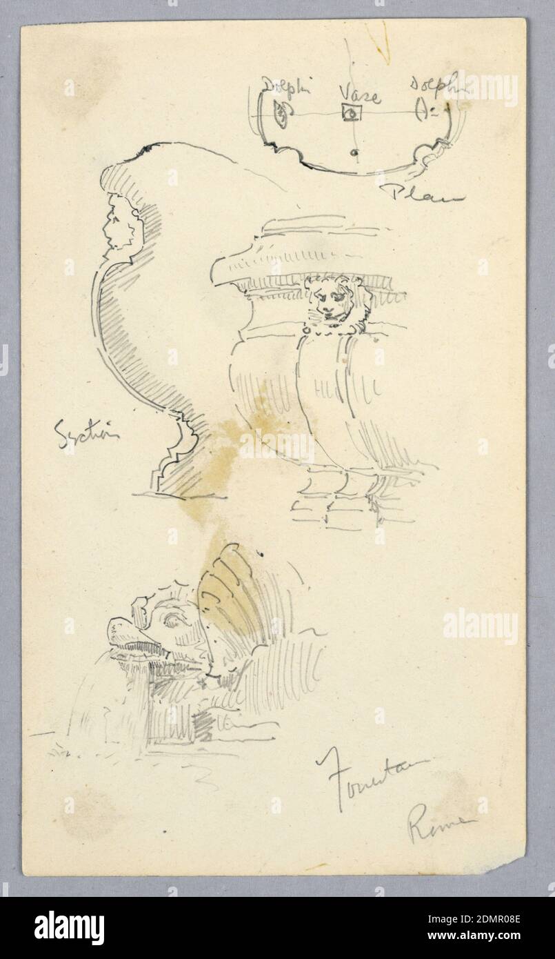 Croquis d'une fontaine à Rome, Arnold William Brunner, cuisine américaine, 1857–1925, Graphite sur papier, en haut à droite, le plan. Centre, profil et base du vase, les deux ont le visage de lion sur le cou; bec en forme de poisson, avec l'eau sortant de la bouche., USA, 1881, architecture, dessin Banque D'Images