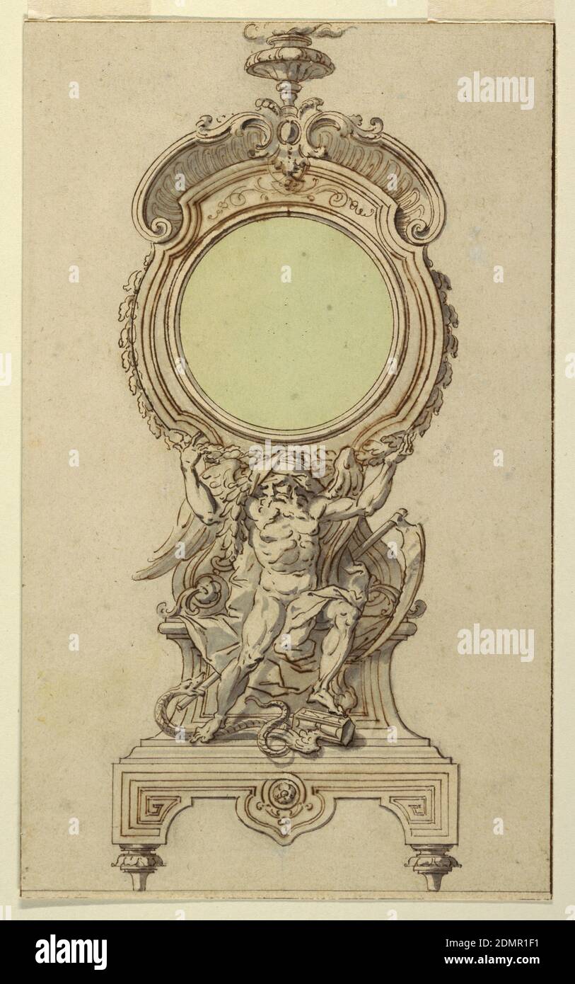 Design pour une horloge, Gilles-Marie Oppenord, français, 1672–1742, craie noire, stylo et encre noire, pinceau et aquarelle sur papier blanc cassé, lignes encadrant à l'encre noire, Saturnus assis sur une base avec scythe et serpent à ses pieds supporte un cercle encadré pour contenir le cadran d'horloge., France, ca. 1715, appareils de mesure et horlogerie, dessin Banque D'Images