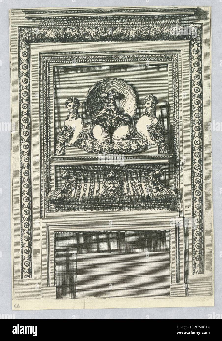 Design pour une pièce de fabrication, Jean le Pautre, français, 1618–1682, Etching sur papier, deux sphinx avec un croque de guirlande sur un piédestal au-dessus de l'ouverture. Le panneau mural est encadré sur trois côtés avec des moulures, et une entature sur le dessus., Europe, France, ca. 1675, Imprimer Banque D'Images