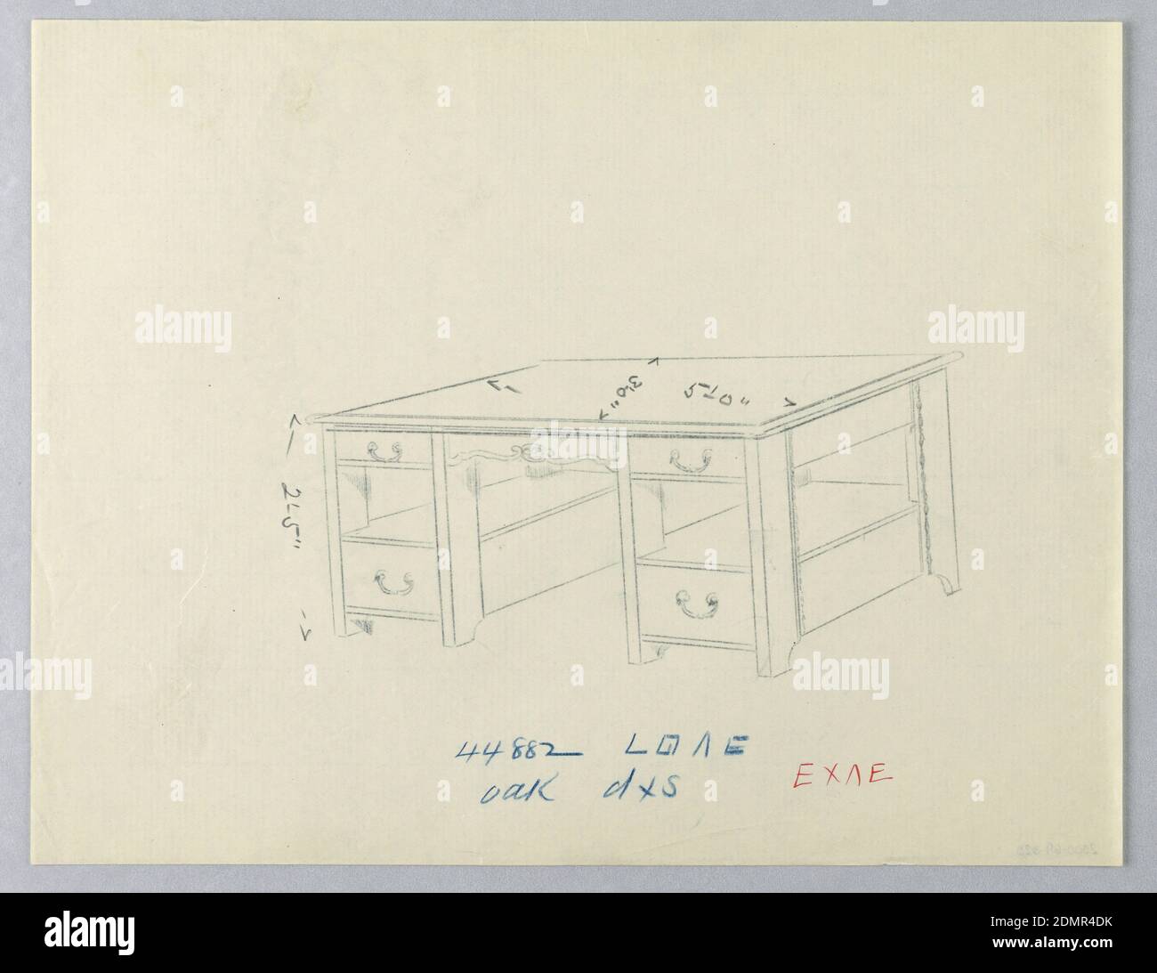 Conception pour table de bibliothèque massive avec étagères ouvertes sur les côtés, A.N. Davenport Co., traçage de carbone, graphite, crayon bleu et rouge sur papier crème mince, 1900–05, mobilier, dessin Banque D'Images