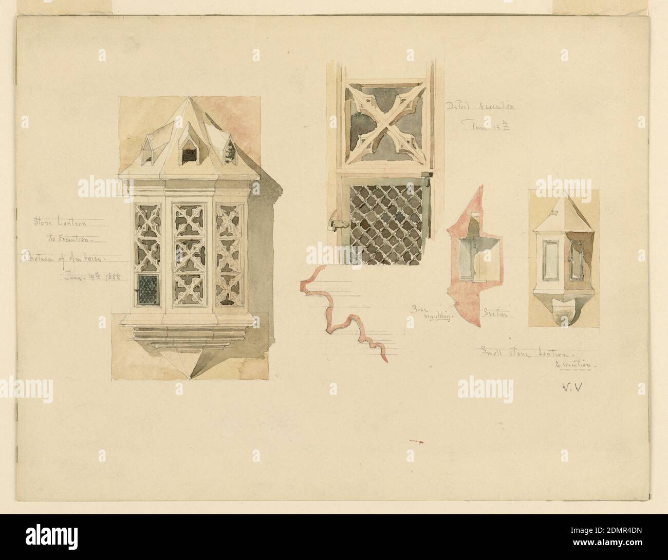 Rendu de deux lanternes en pierre, du château d'Amboise, France, Whitney Warren Jr., cuisine américaine, 1864–1943, Graphite, pinceau et aquarelle sur papier, à gauche, élévation montrant trois côtés d'un octogone avec base et toit pointés. Centre supérieur, vue détaillée de deux panneaux avec porte en fer et tracery en pierre; ci-dessous, moitié de la section de la base., États-Unis, 14–15 juin 1888, architecture, dessin Banque D'Images