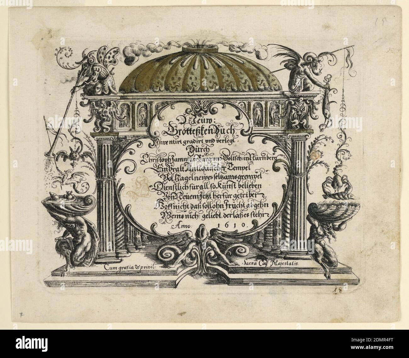 Page de titre, de Neüw Grotteßken Buch (Nouveau livre grotesque), Christoph Jamnitzer, allemand, 1563 - 1618, gravure sur papier coulé, dans un cadre d'époque ressemblant à un bâtiment en dôme avec colonnes est le titre de la suite et une ligne d'inscription de vigne (en script allemand) avec la date. A côté, des bêtes fantastiques s'assoient dans les capitales et déposent des lignes de pêche dans des bassins tenus sur le dos des fauns, ci-dessous., Traduction du titre: "New grotesque Book, inventé classé et publié par Christopher Jamnitzer, citoyen et orfèvre à Nuremberg. Très vieux temple antique plein de nouvelles bizarreries étranges Banque D'Images