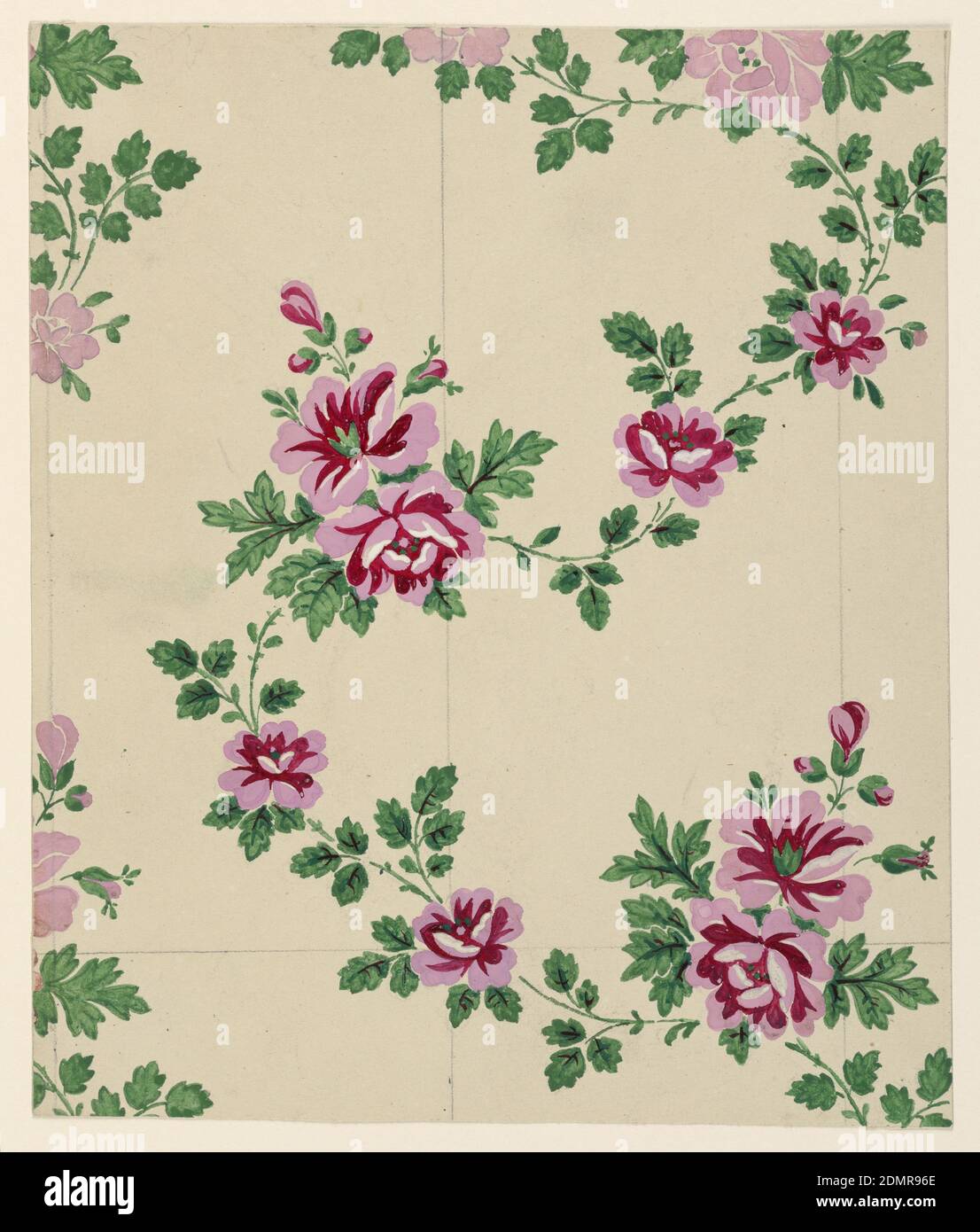 Dessin pour un tissu tissé, Graphite, pinceau et gouache sur papier crème, montant, tige de rose large ondulée et deux parties d'un autre sont montrés., France, 1830–50, dessins textiles, dessin Banque D'Images