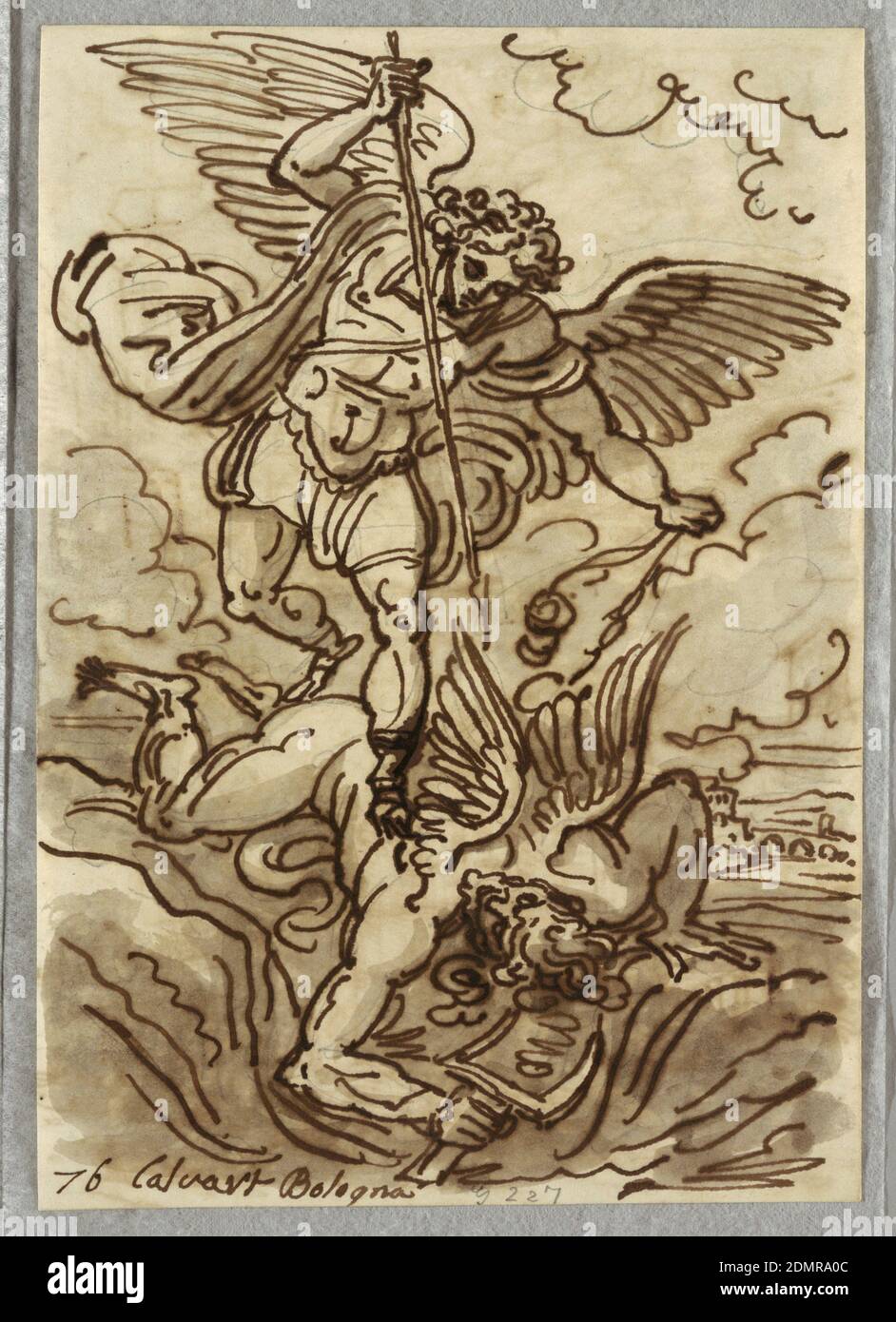 Archange Michael, Felice Giani, italien, 1758–1823, stylo et encre, pinceau et savon brun sur papier, Italie, 1813–18, figures, dessin Banque D'Images
