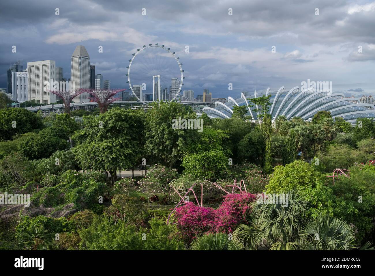 Singapour : Superarbres et dôme dans les jardins près de la baie (parc). Au milieu, la roue d'observation géante Singapore Flyer Banque D'Images