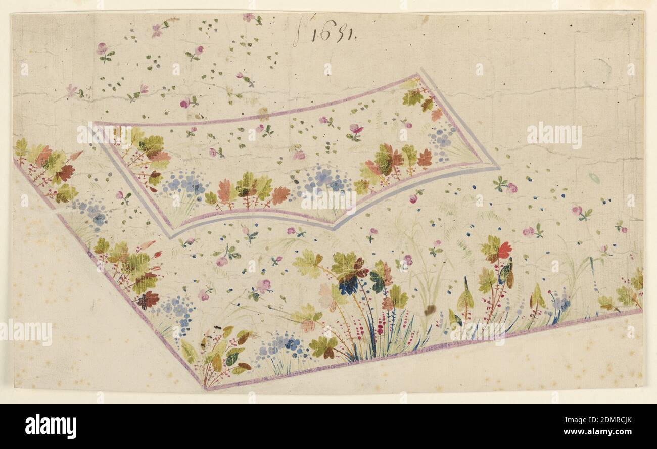 Motif pour gilet brodé, motif 1691 de la fabrique de Saint-RUF, Mademoiselle Baulieu, pinceau et gouache sur papier ponté, le bas gauche est illustré. Les plantes et les feuilles poussent des bords du gilet et des bords latéraux et inférieurs du rabat de la poche. Les champs montrent des petits creux de roses et des motifs de points., France, ca. 1785, broderie et couture, dessin Banque D'Images