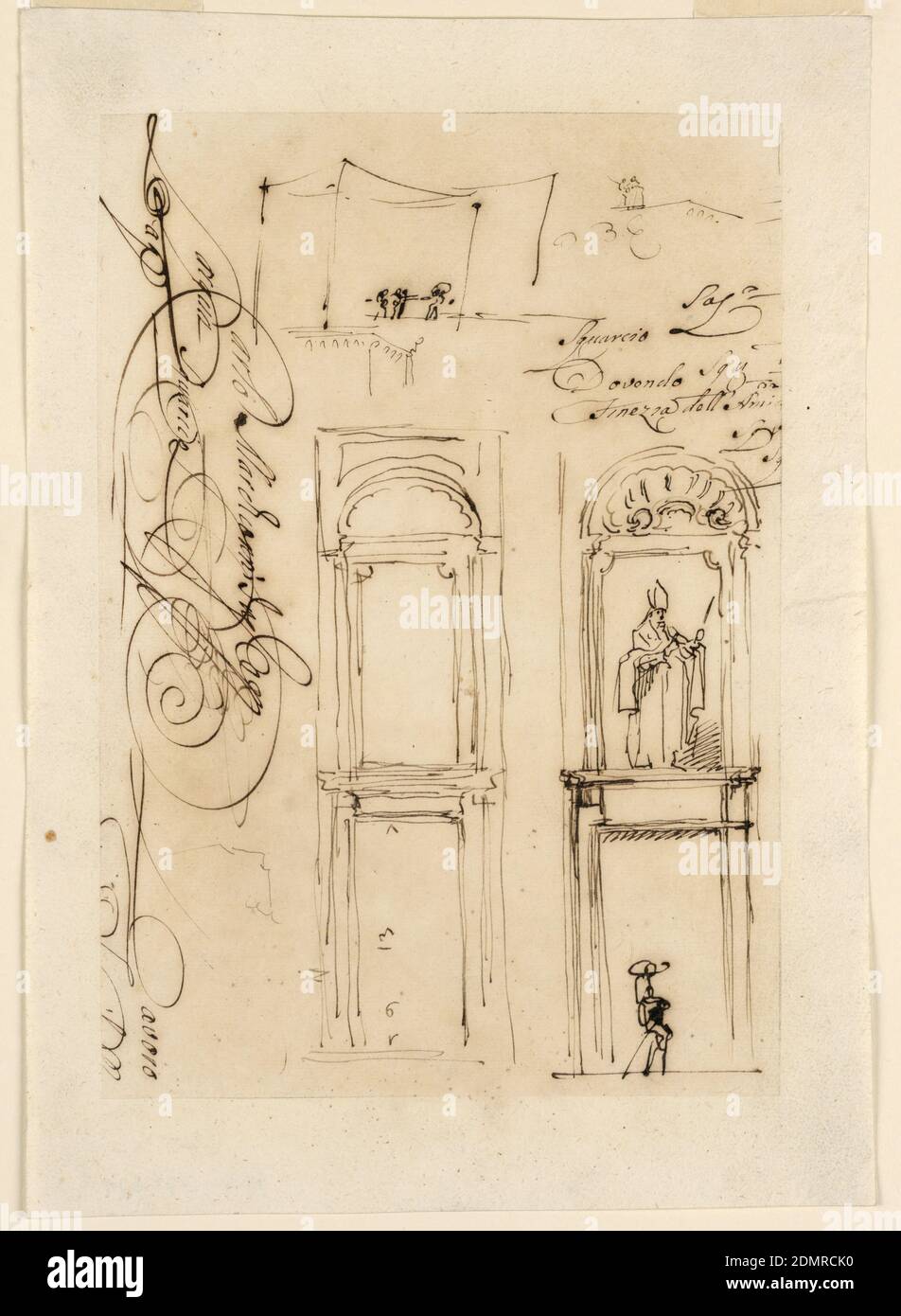 Croquis et scénario, Carlo Marchionni, italien, 1702–1786, stylo et encre noire sur papier peint, deux croquis d'une porte avec une niche à l'étage supérieur. Ce dernier est encadré par un rectangle et possède une coque au-dessus. Un croquis donne les mesures pour la porte, l'autre montre la statue d'un évêque avec une hôte sur le côté et un homme avec une jambe en bois portant un grand chapeau debout sur la rue. Ci-dessus, deux petites esquisses de personnes debout. Écrit à côté dans le script: “Lavoro”; “Squario eti”; et “Finezza dell' Amio”., Rome, Italie, 1765, architecture, dessin Banque D'Images