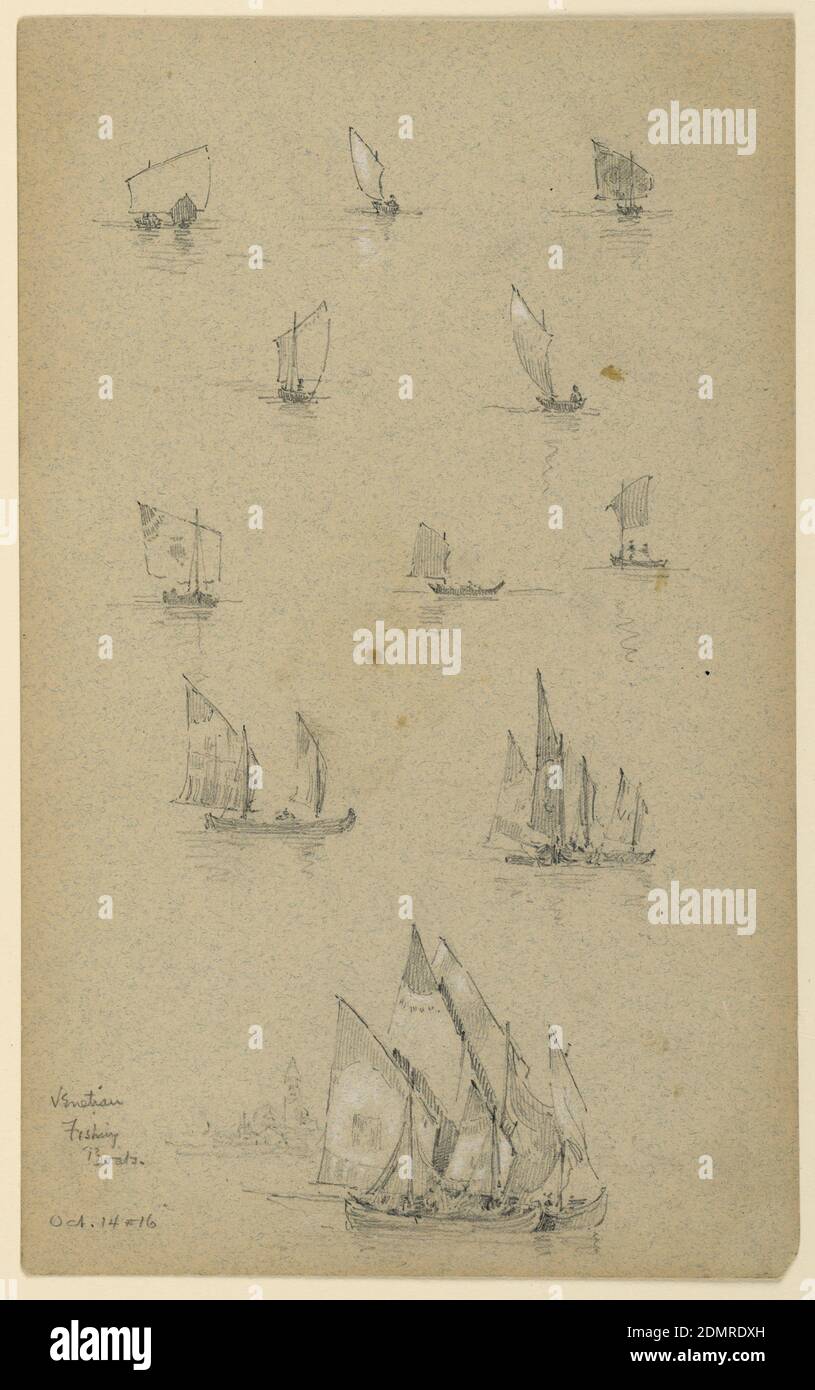 Bateaux de pêche vénitiens, Arnold William Brunner, cuisine américaine, 1857–1925, Graphite et blanc sur papier gris, huit croquis, moitié supérieure de petits bateaux, chacun avec une seule voile. Deux croquis, ci-dessous, de plusieurs bateaux. Bas, grands bateaux avec une église de Venise au-delà, à gauche., USA, 1883, architecture, dessin Banque D'Images