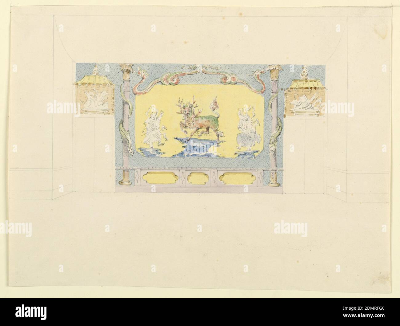 Design pour South Wall of the Music Room, Royal Pavilion, Brighton, Frederick Crace, Anglais, 1779–1859, Brush and gouache, graphite sur papier vélin blanc, décoration murale composée d'un panneau peint unique d'un cheval dragon et d'un danseur de diable à gauche et à droite, encadré par deux serpents à spirale. Le panneau est flanqué de peintures de colonnes enremplies par des serpents. Autres éléments indiqués dans le plan, en graphite., Angleterre, 1818–19, intérieurs, dessin Banque D'Images