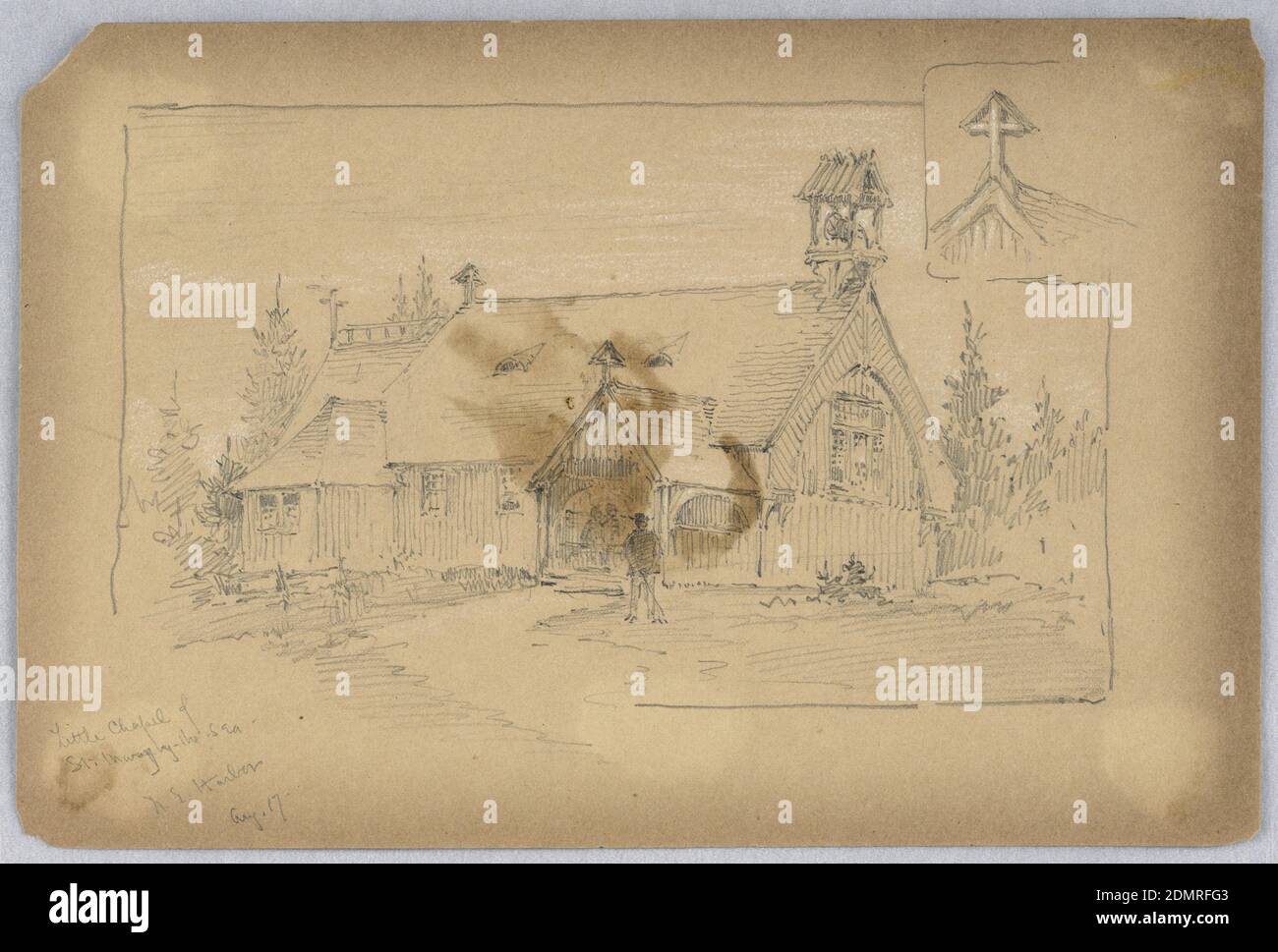 Chapelle – Sainte-Marie au bord de la mer, Arnold William Brunner, cuisine américaine, 1857–1925, Graphite et renforcement blanc sur papier brun, petite chapelle de côté avec trois figures. En haut à droite, détail de l'encart : une croix, Etats-Unis, 1887–88, architecture, dessin Banque D'Images