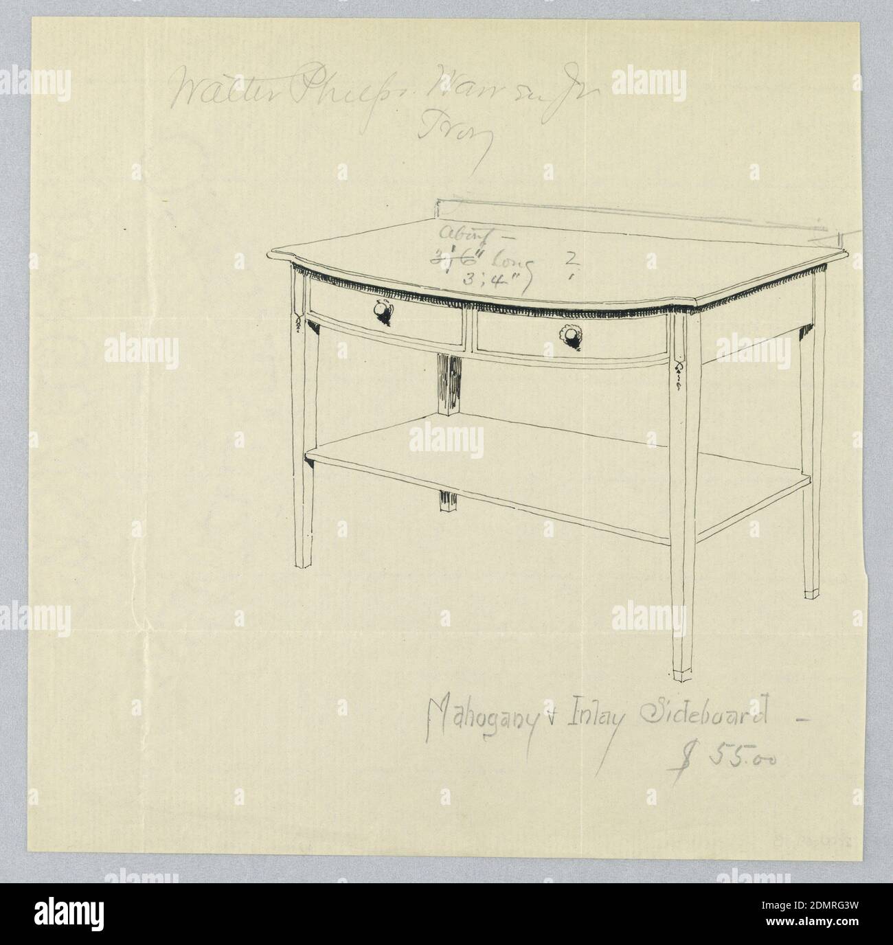 Design pour panneau latéral en acajou et en incrustation, A.N. Davenport Co., stylo et encre noire et graphite sur papier crème mince, panneau latéral rectangulaire étroit avec avant légèrement convexe sur pieds coniques droits étroits; deux tiroirs dans la section centrale, chacun avec une seule traction ronde; dosseret; tablette rectangulaire sous les armoires à mi-chemin des jambes., 1900–05, mobilier, dessin Banque D'Images