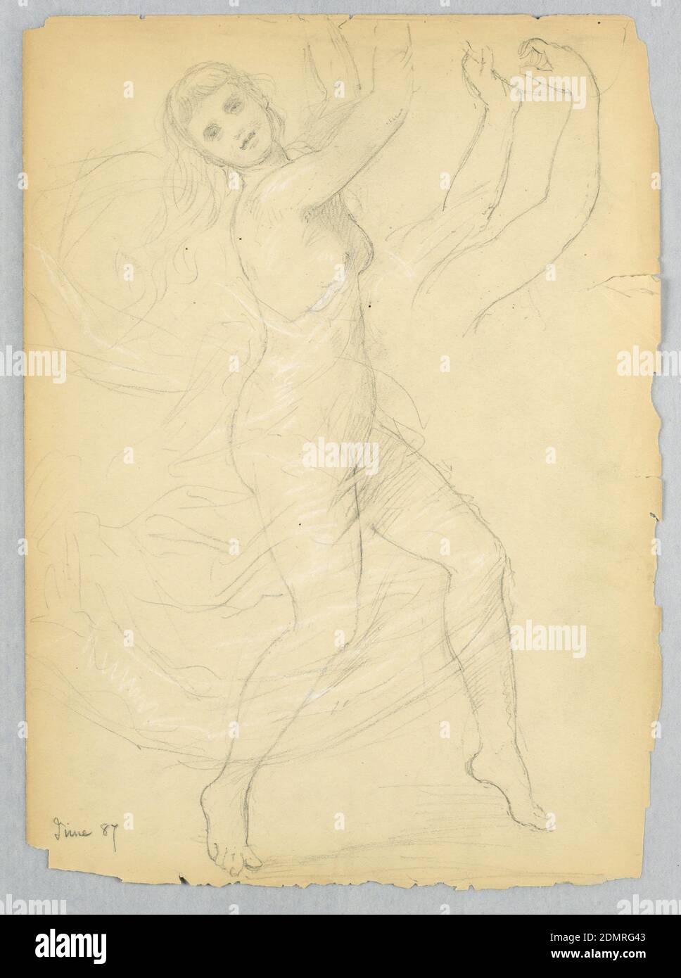 Croquis pour un Bacchante, Daniel Huntington, américain, 1816–1906, Graphite, craie blanche sur papier de vélin crème, danseur à profil droit, sous un voile. Étude des bras, des mains et d'une partie d'un tambourin, en haut à droite. Verso: Figure similaire, mais orientée vers la gauche, sans voile., Etats-Unis, juin 1887, figures, dessin Banque D'Images