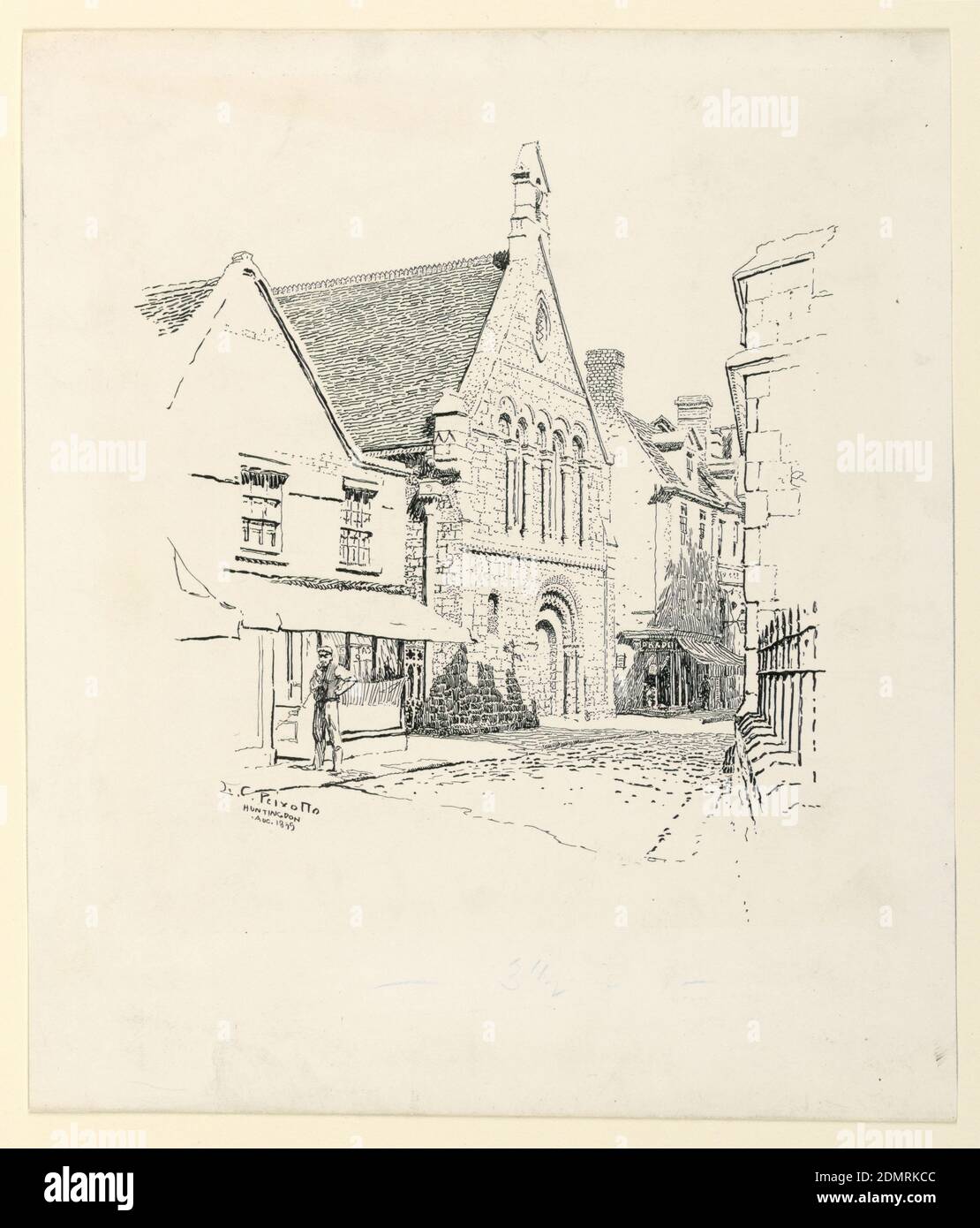 École de grammaire, Huntingdon, Ernest Clifford Peixotto, cuisine américaine, 1869–1940, fils de Charles Scribner, New York, New York, États-Unis, Pen and Ink on Illustration board, le virage dans une rue étroite, avec l'école montrée sur le côté opposé, entre les bâtiments abritant des boutiques. La façade de l'école, dans le style normand, a une porte profondément encastrée, avec tête semi-circulaire, sous un groupe d'ouvertures étroites de fenêtre., USA, 1899, architecture, dessin Banque D'Images