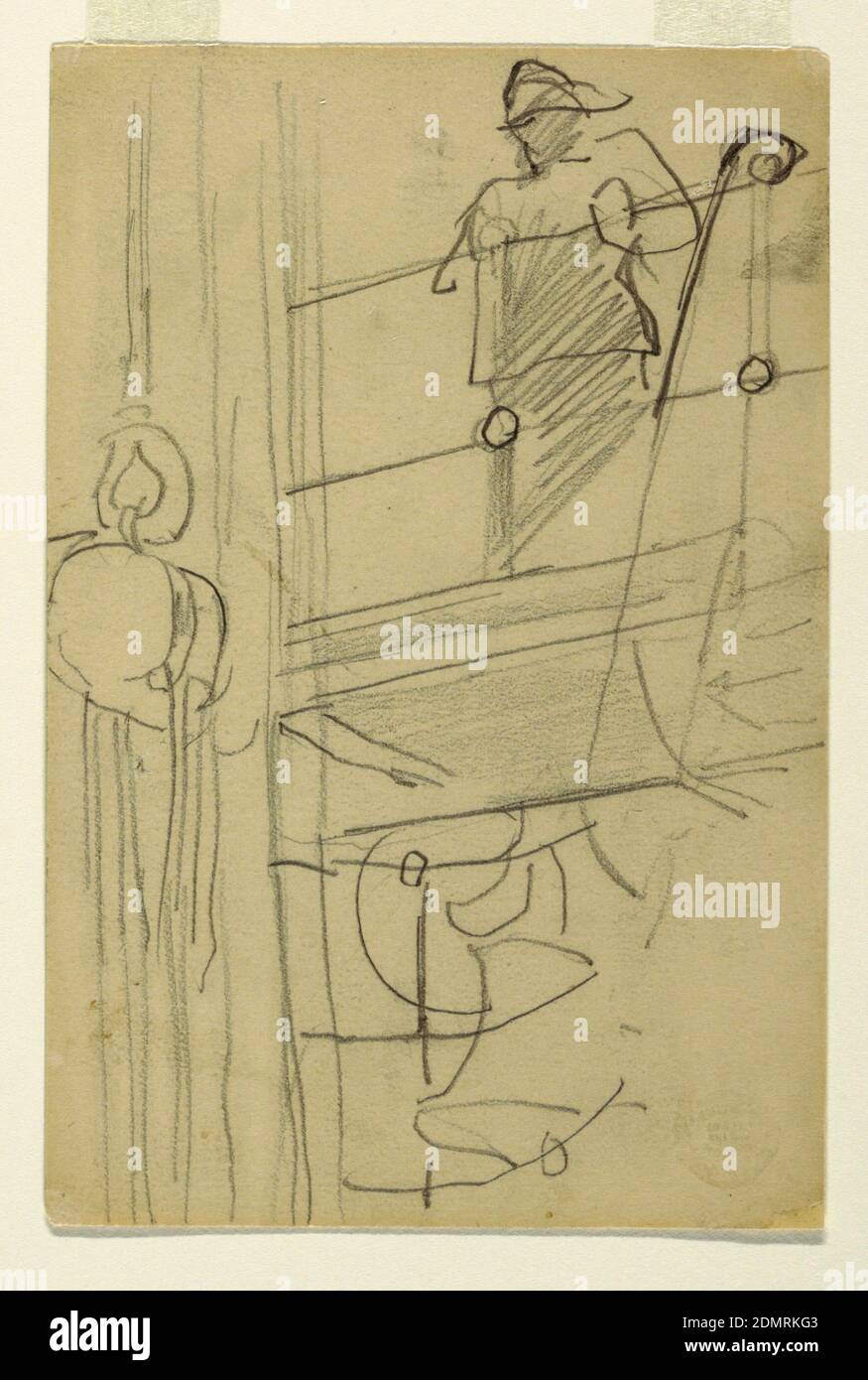 Figure dans les peaux d'un navire, Winslow Homer, américain, 1836–1910, Graphite sur papier, vue verticale d'un homme dans un chapeau et des peaux d'un navire debout sur la rambarde d'un navire, avec un bloc et un palan à gauche., États-Unis, ca. 1895, assaisonnement, dessin Banque D'Images