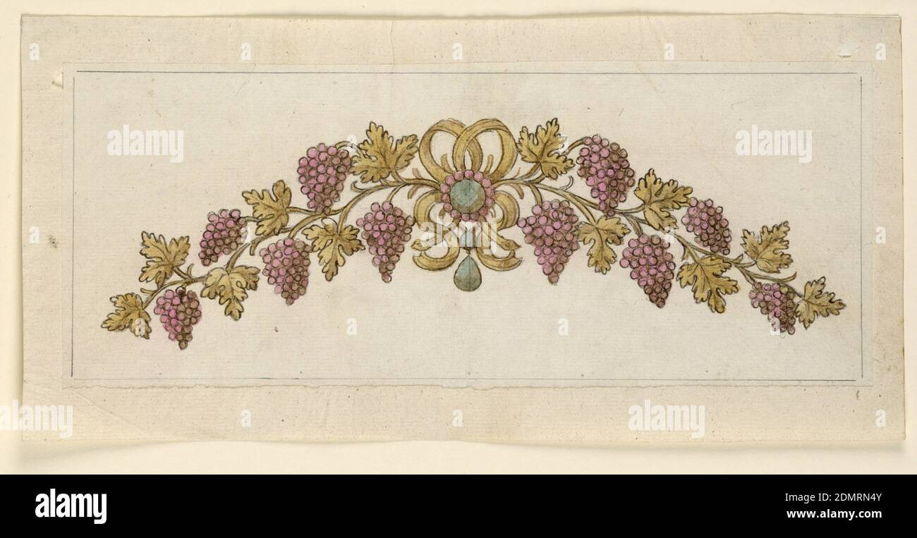 Design pour un Coronet, stylo et encre, pinceau et sépia wash, violet, vert aquarelle, graphite sur papier, bijoux design pour un coronet. Au centre de la tiara, les extrémités de deux branches de vigne sont unies par un nœud avec un diamant vert encadré par de petites branches rouges au centre. Ci-dessous, deux autres diamants verts, l'un d'eux suspendu. Le long des branches se trouvent, en alternance, une feuille et des raisins rouges. Encadré par une ligne en bistre., Italie, 1850–60, bijoux, dessin Banque D'Images