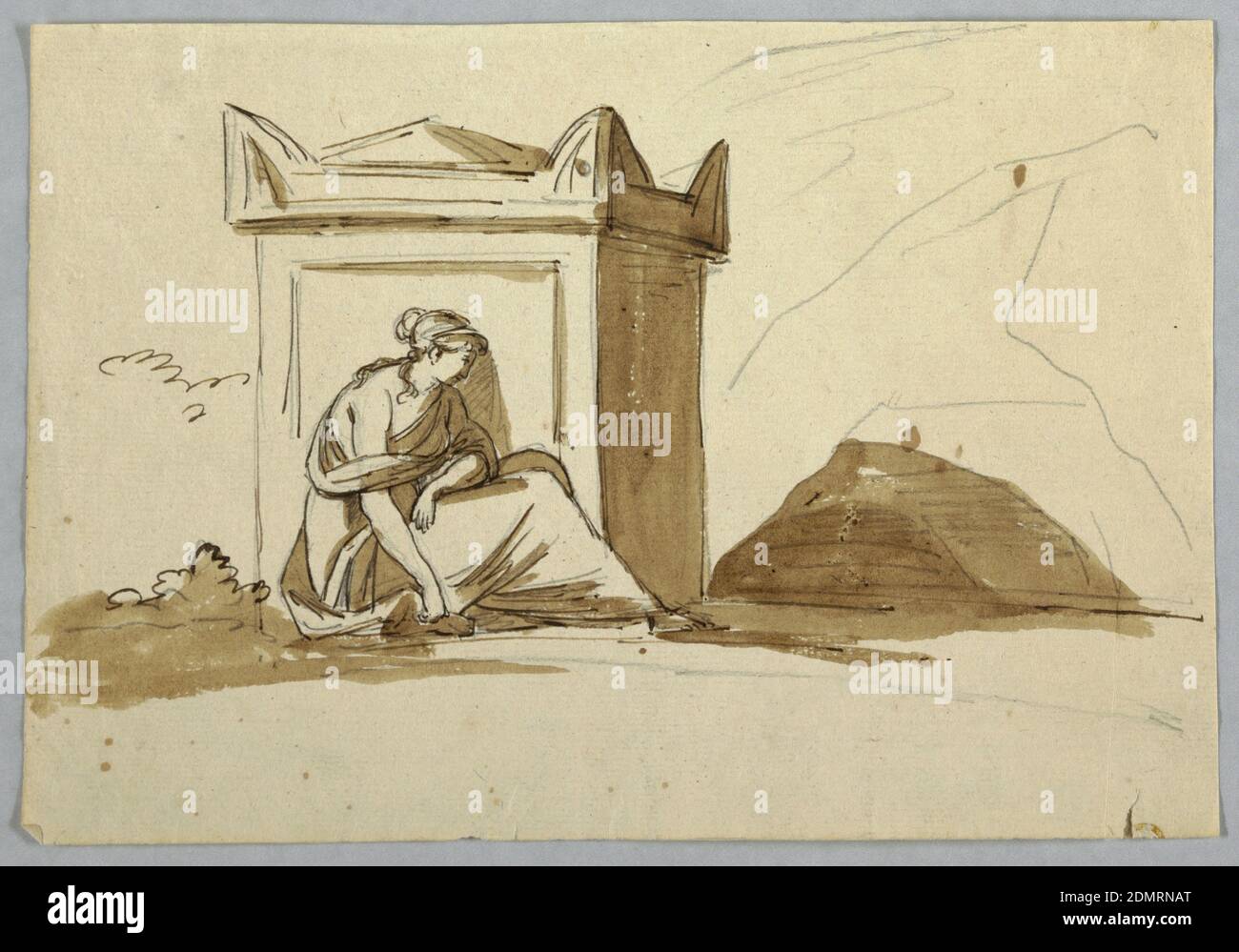 Croquis: Une femme assise devant un sarcophage antique, crayon, stylo et bistre sur papier, composition verticale d'une femme assise devant un sarcophage. Elle est affichée en profil et tournée vers la droite. Un paysage à peu près esquissé se trouve à droite, avec un soleil éclatant., Italie, 1800–1825, figures, dessin Banque D'Images