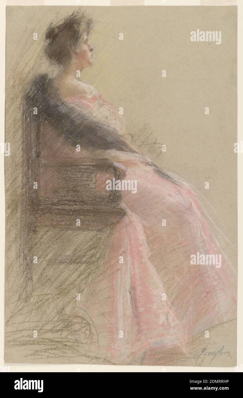 Portrait d'une jeune femme, Mary Golden Younglove, américaine, crayon pastel sur papier brun, UNE figure femelle, portant une robe de couleur rose, assis dans un fauteuil., USA, ca. 1910, figures, dessin Banque D'Images