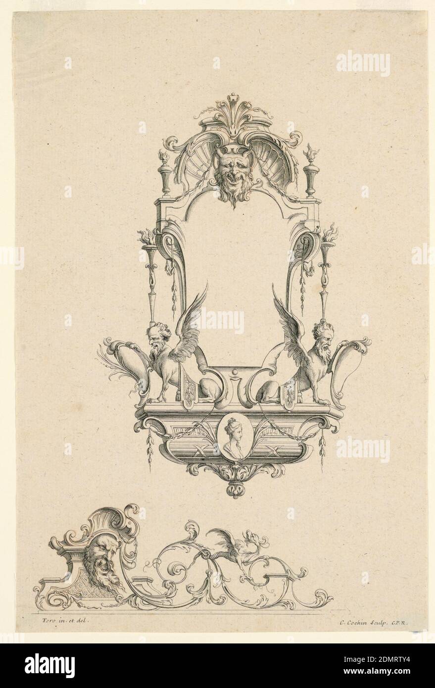 Design pour Cartouche avec Cupid, un cheval et des lances de 'cartouts Nouvellement Inventez', Charles-Nicolas Cochin le plus jeune, 1715 - 1790, Jean Bernard Honoré Toro, français, 1661 - 1731, Etching sur papier, dessin d'une cartouche composée d'un masque au-dessus, en dessous des sphinx à tête barbu; image de profil d'une femme. La partie inférieure de la conception comprend des courbes en C foliées qui poussent de la tête d'un homme barbu., France, XVIIIe siècle, ornement, impression Banque D'Images Design pour Cartouche avec Cupid, un cheval et des lances de 'cartouts Nouvellement Inventez', Charles-Nicolas Cochin le plus jeune, 1715 - 1790, Jean Bernard Honoré Toro, français, 1661 - 1731, Etching sur papier, dessin d'une cartouche composée d'un masque au-dessus, en dessous des sphinx à tête barbu; image de profil d'une femme. La partie inférieure de la conception comprend des courbes en C foliées qui poussent de la tête d'un homme barbu., France, XVIIIe siècle, ornement, impression Banque D'Images