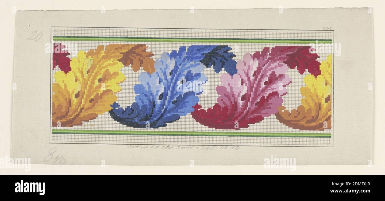 Design for Berlin Wool Work, L. W. Wittich, Berlin, Allemagne, Brush and gouache on pre-printed squared Paper, Design for Wool-work on squared Paper. Acanthus feuilles en jaune, bleu, rose, Allemagne, ca. 1860, dessins textiles, dessin Banque D'Images