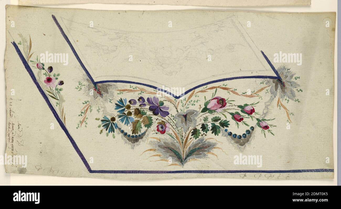 Motif pour la broderie d'un gilet de costume d'homme, tracé, graphite, pinceau et gouache sur papier, motif non fini pour le coin inférieur gauche d'un gilet de costume d'homme. Grande plante sous la poche. Auges roses et feuilles le long du front montant., France, 1790–1800, dessin Banque D'Images