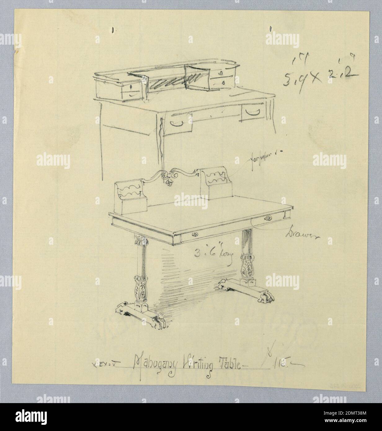 Conception et esquisse pour 'MahoganyWriting Table', A.N. Davenport Co., Graphite sur papier crème fin, 1900–05, mobilier, dessin Banque D'Images