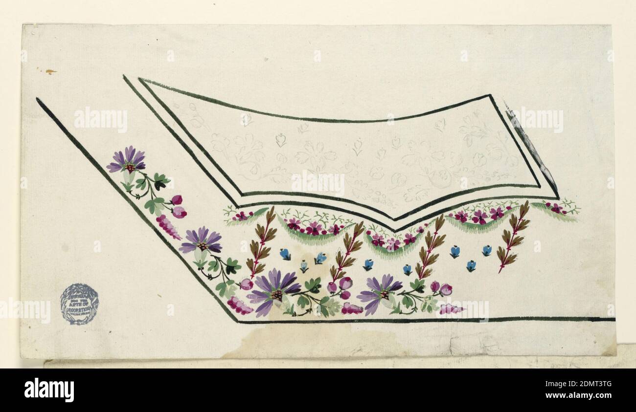 Motif pour la broderie d'un gilet de costume pour Homme, Graphite, pinceau et aquarelle sur papier, dans le coin inférieur gauche. Les cornflowers bleus et les rosebuds roses sont séparés verticalement par des feuilles brunes. Les petites guirlandes se bouclé sous les rabats de poche. Motif tracé sur rabat de poche., France, 1780–1790, dessin Banque D'Images