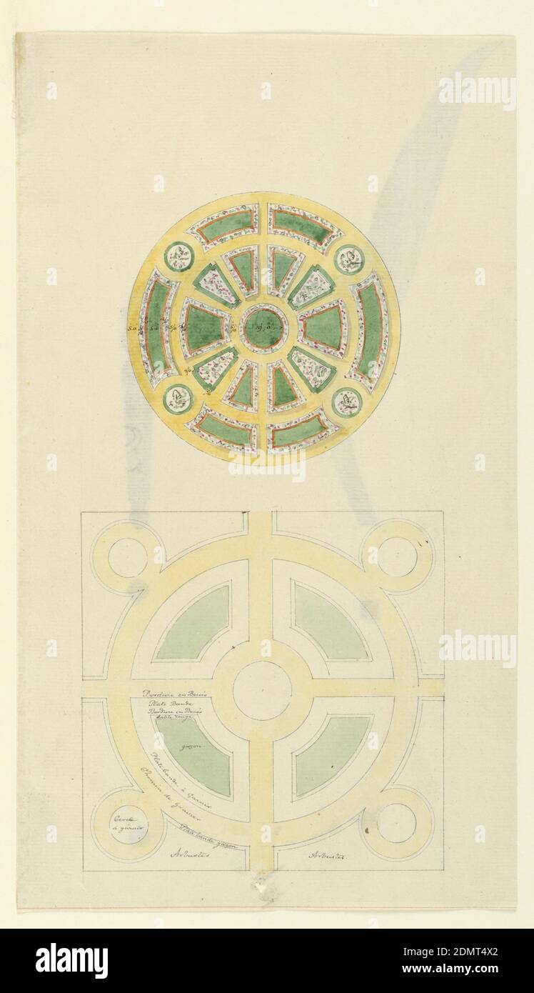 Plan pour un jardin formel, stylo et encre, pinceau et aquarelle sur papier, deux plans d'un jardin circulaire formel, avec des chemins rayonnant d'un terrain d'herbe central. Le plan supérieur comprenait des mesures., France, 1785, dessin Banque D'Images
