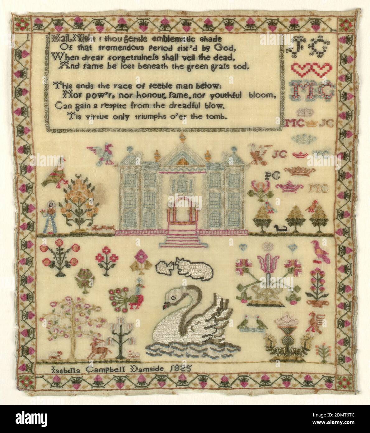 Sampler, Isabella Campbell, Scottish, Medium: Broderie de soie et de laine sur la fondation de laine technique: Brodés en croix, tige, et points de satin sur la fondation de tissage simple, grand bâtiment au centre avec des fleurs, des animaux, et grand cygne au fond. Texte: 'Hail, nuit! Tu es douce ombre emblématique/ de cette période extraordinaire fixée par Dieu,/ quand l'oubli de Drear shal voile les morts,/ et la gloire être perdue sous la pelouse verte sod./ cela termine la course de l'homme faible en dessous;/ ni pow'r, Ni l'honneur, le cadre ou la jeune floraison,/ peut gagner un répit de l'effroyable coup./ la vertu de Tis ne triomphe que Banque D'Images