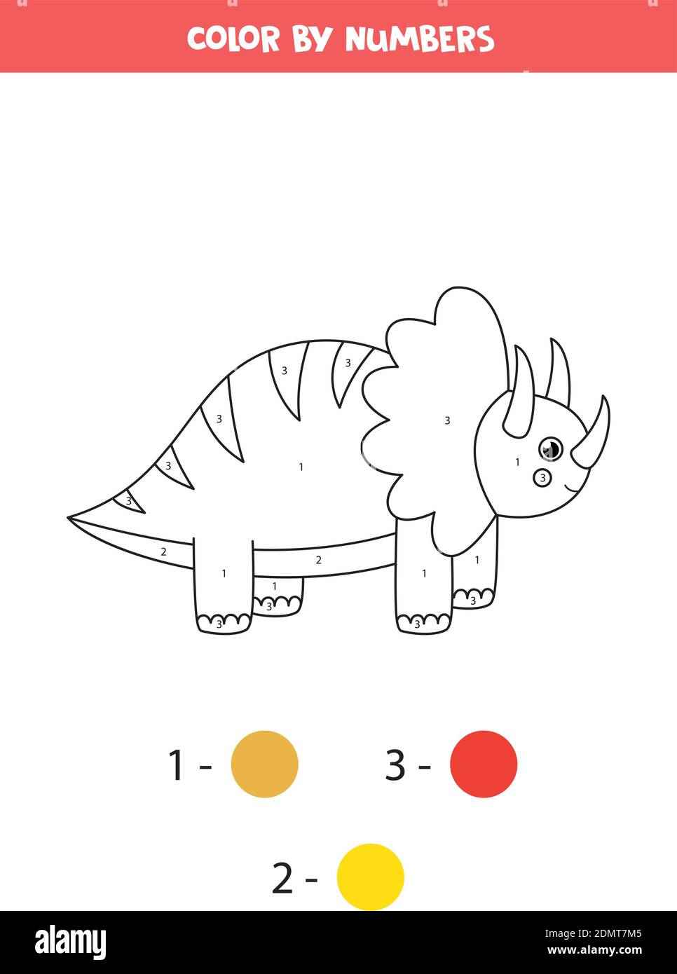Page de coloriage avec un dinosaure mignon de dessin animé. Couleur par nombres. Illustration de Vecteur