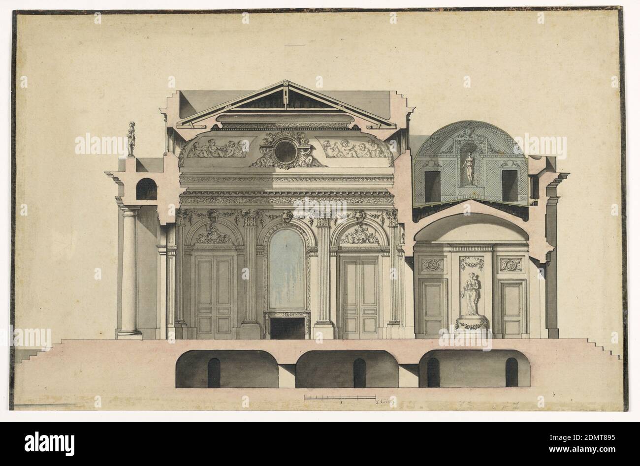 Section d'une villa, stylo et encre noire, pinceau et rose, aquarelle bleue, noire et grise sur papier, section d'une villa avec trois pièces. Les marches mènent aux entrées avant et arrière de l'étage principal. Le cadre est à l'arrière d'un portique et mène à un hall derrière lequel une pièce d'amour est attachée. Un panneau mural avec une statue y est montré. Il est flanqué de deux portes d'où les escaliers mènent vers le haut et vers le bas où une pièce dans l'architecture de treillis est suggérée. Il y a une indication de l'échelle à la marge inférieure, au centre., France, ca. 1780, architecture, dessin Banque D'Images