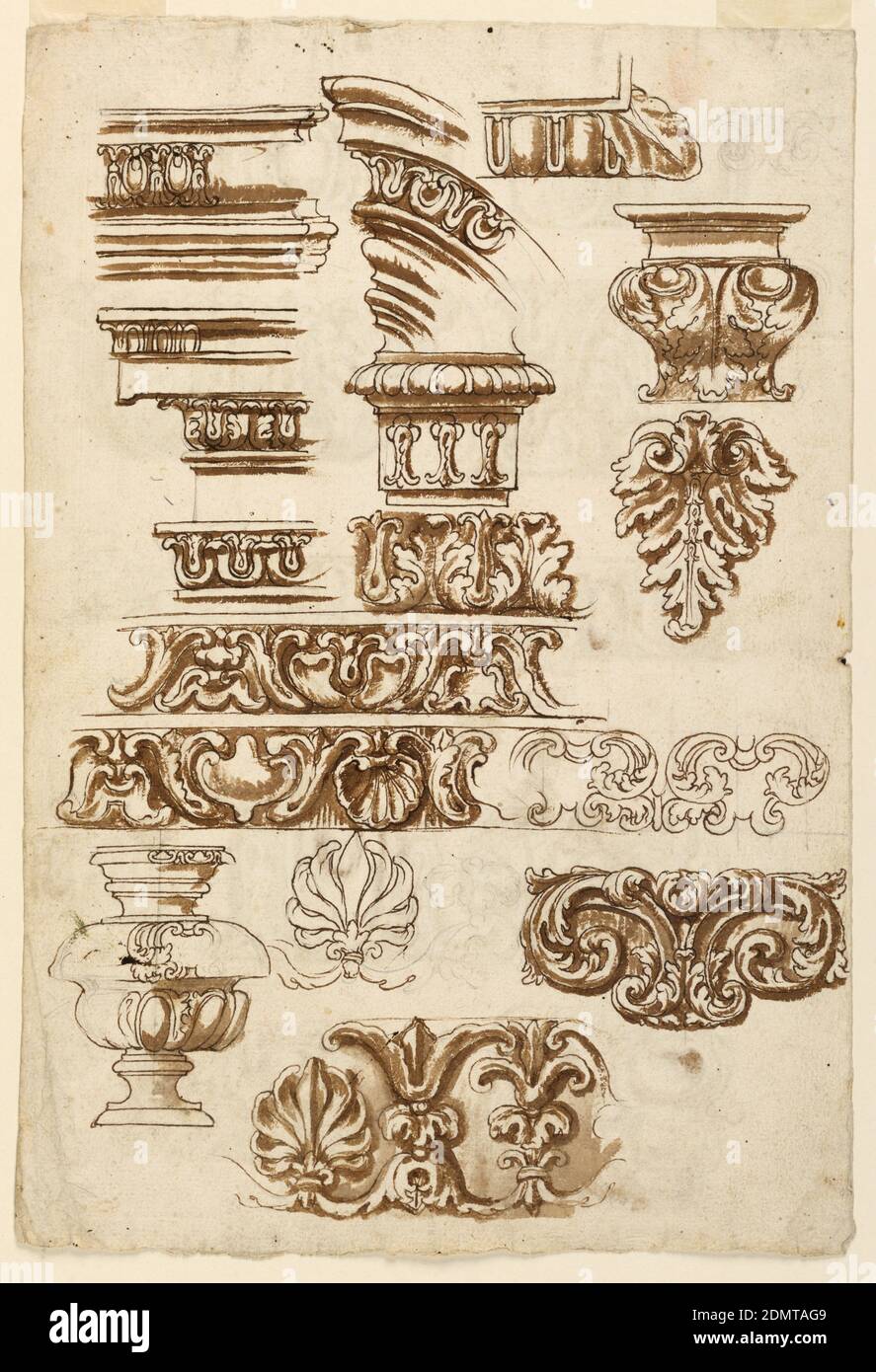 Moulage et ornementation, stylo et encre brune, lavage brun, craie noire support: Papier blanc, Italie, 1625–50, architecture, dessin Banque D'Images