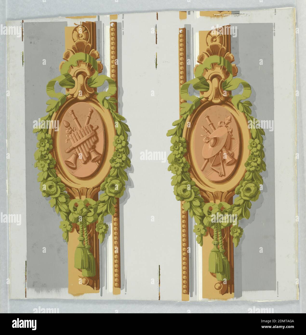 Louis XVI ou Trianon, Jules Desfossé, français, actif 1851 - 1863, papier imprimé en bloc, deux médaillons foliaires séparés, chacun avec pampille en vert, contenant des motifs d'instruments de musique en terre cuite, avec perles le long d'un côté, sur terrain blanc cassé., Paris, France, 1851–65, Wallcovers, Border, Border Banque D'Images