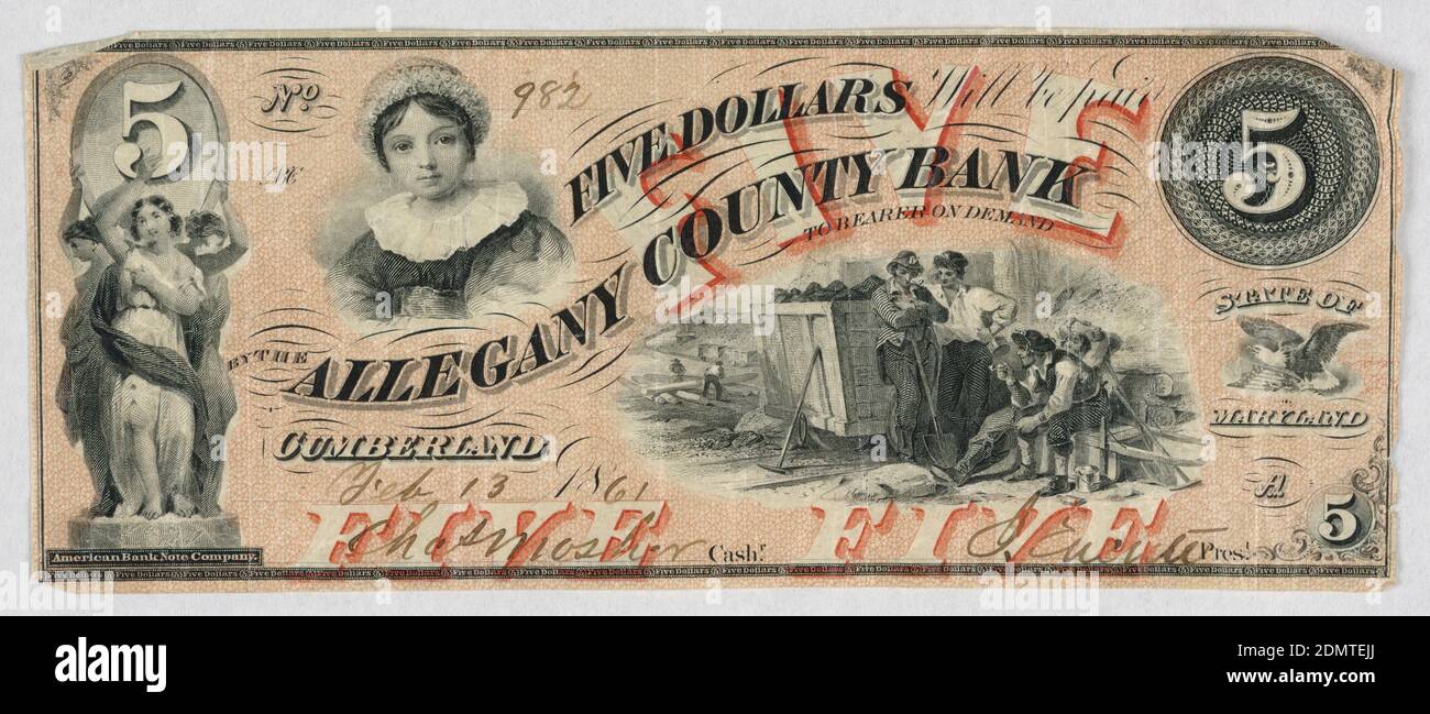 note de banque, encres de couleur sur papier, rectangle horizontal. Billet de banque, Five dollars, Allegheny County Banck, Cumberland, Maryland, numéro 982. Portrait d'une jeune fille, en haut à gauche; mineurs de charbon, en bas à droite., 13 février 1861, billet de banque Banque D'Images