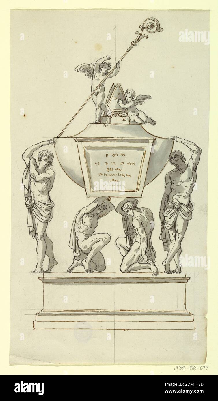 Design pour un reliquaire, Pietro Belli, italien, 1780–1828, stylo et encre noire, aquarelle au pinceau et gris, graphite sur papier, rectangle vertical. Conception pour reliquaire avec socle oblong. Deux figures d'esclaves agenouillé illustrées en profil au centre et deux esclaves sur les bords soutiennent une urne. Une tablette avec une inscription est à l'avant. Sur le dessus de la couverture se trouvent deux anges, un debout tenant un personnel pastoral, un autre assis et peignant un onglet., Italie, ca. 1810, sculpture, dessin Banque D'Images