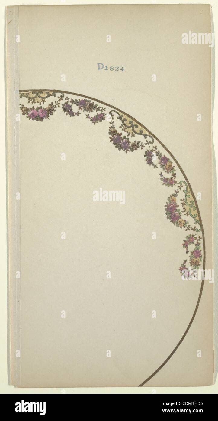 Design pour une assiette, pinceau et gouache d'or, stylo et encre noire, graphite sur papier crème, conception pour une plaque avec bordure d'or, décorée de guirlandes roses., Japon, 1880–1910, vaisselle, dessin Banque D'Images